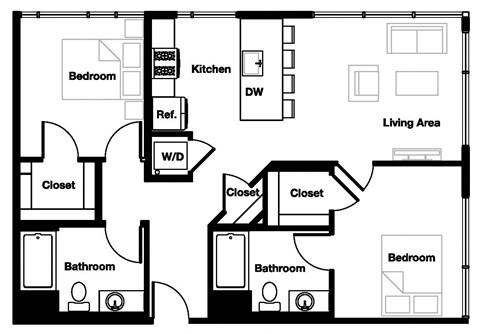 Floor plan for 2 beds, 2 baths, 1059 sqft